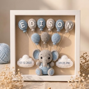 Peut inclure: Un cadre blanc de type boîte contenant un éléphant gris au crochet portant une salopette bleue. Au-dessus, neuf ballons au crochet bleus et gris portent les lettres blanches formant EDISON. Deux nuages blancs affichent 07.12.2027 et 09:25 PM.