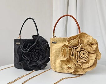Crochet Flower Boho Hand Bag | Crochet Tote Straw Bag | Woven Beach Clutch | Handmade Gift