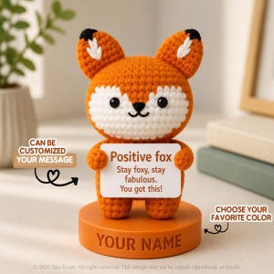 Custom Fox Crochet Gift, Personalized Fox Plush, Positive Crochet Fox, Custom Message & Name Base, Woodland Animal Gift