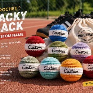 Virkad Hacky Sack med eget namn | Personlig fotväska med leksak | Handgjord jongleringsboll | Virkad sparkboll i anpassningsbar färg | Sportfestpresent