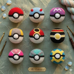 May include: A collection of nine colorful, crocheted balls, each with a white center and black band, resembling popular character designs. The balls are red, blue, purple, yellow, pink, and teal. The collection is displayed on a green surface.
