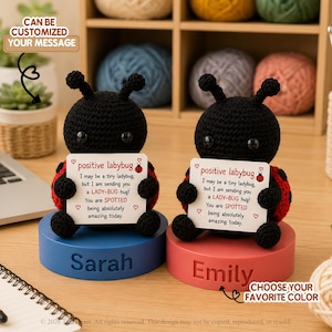 Peut inclure: Deux figurines de coccinelles crochetées avec des têtes noires et des corps rouges à pois noirs. Chacune tient une carte blanche avec le texte: positive ladybug, I may be a tiny ladybug, but I am sending you a LADY-BUG hug! You are SPOTTED being amazing.