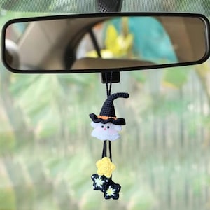 Cute Ghost Car Charm, Ghost On A Swing Car Charm, Crochet, Halloween Car Accessory, Car Ornament, Mirror Accessory, Birthday Gift