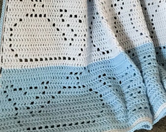 Crochet Baby Blanket Afghan, Whales, Boy, Beach Nautical Theme, Blue Stripes