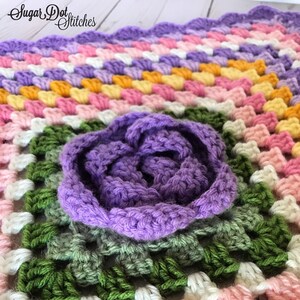 Security Blanket / Lovey / Doll Blanket - Crochet - Purple Rose Multi-Color Stripes Granny Square