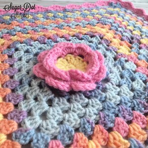 Security Blanket / Lovey / Doll Blanket - Crochet - Pink Flower with Multi-Color Stripes and Pink Border Granny Square