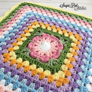 Security Blanket / Lovey / Doll Blanket - Crochet - Pink Flower with Multi-Color Stripes and Yellow Border Granny Square
