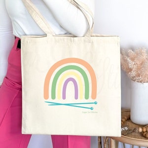 Canvas Tote Bag - Rainbow Knitting Needles - Holds Knitting Supplies Projects - Great Gift for Knitter