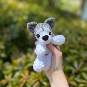 May include: A handmade crochet dog toy in white and gray. The toy features a black nose, small black eyes, and gray ears. The dog is in a sitting position with its paws extended. The background is a blurred green.