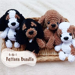 May include: Four crocheted dog amigurumi patterns in a basket. The dogs are brown, black, white, and brown and white. The patterns are available as a bundle.