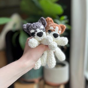 May include: Two crocheted husky dog plushies. One is gray and white, the other is brown and white. Both have black eyes and noses. The plushies are held in a hand, with a blurred background of plants and a window.