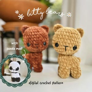 May include: Two plush crochet bears in brown and tan, featuring black safety eyes and stitched noses. A circular inset shows a white and black panda variation. Text reads bitty bears with panda mod! digital crochet pattern.