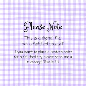 May include: A digital file notice on a light purple gingham background. The text reads "Please Note" in cursive, followed by a description of the product as a digital file, not a finished product. Instructions for custom orders are also included.