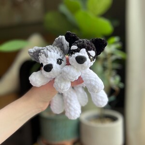 May include: Two handmade crochet dog toys. One dog is gray and white, the other is black and white. Both have black eyes and noses. The toys are held in front of a blurred background of plants and a pot.