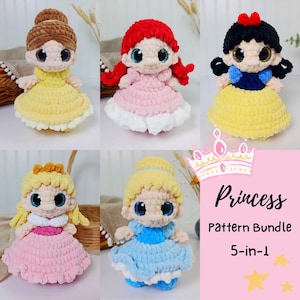 May include: A collection of five crocheted princess dolls, each with large, expressive eyes and detailed outfits. The dolls include Belle in yellow, Ariel in pink, Snow White in yellow and blue, Aurora in pink, and Cinderella in blue. The image includes the text "Princess Pattern Bundle 5-in-1."