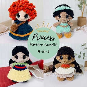 May include: A Princess Pattern Bundle featuring four crocheted dolls. Each doll has large eyes and is dressed in a unique outfit. The dolls include a princess with red hair, a princess in teal, a princess in yellow, and a princess with dark hair.