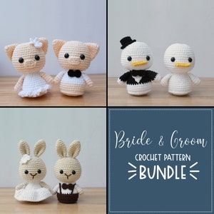 May include: Crochet pattern bundle for making bride and groom amigurumi figures. The bundle includes patterns for a pig, duck, and bunny couple. The text on the image reads "Bride & Groom Crochet Pattern Bundle".