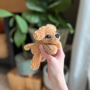 以下が含まれることがあります： 柔らかい質感の糸で作られた、小さなライトブラウンの犬のぬいぐるみ。このぬいぐるみは、垂れ耳、小さな黒い鼻、暗くて光沢のあるプラスチック製の目が特徴です。シンプルな丸みを帯びた体型と短い手足でデザインされています。