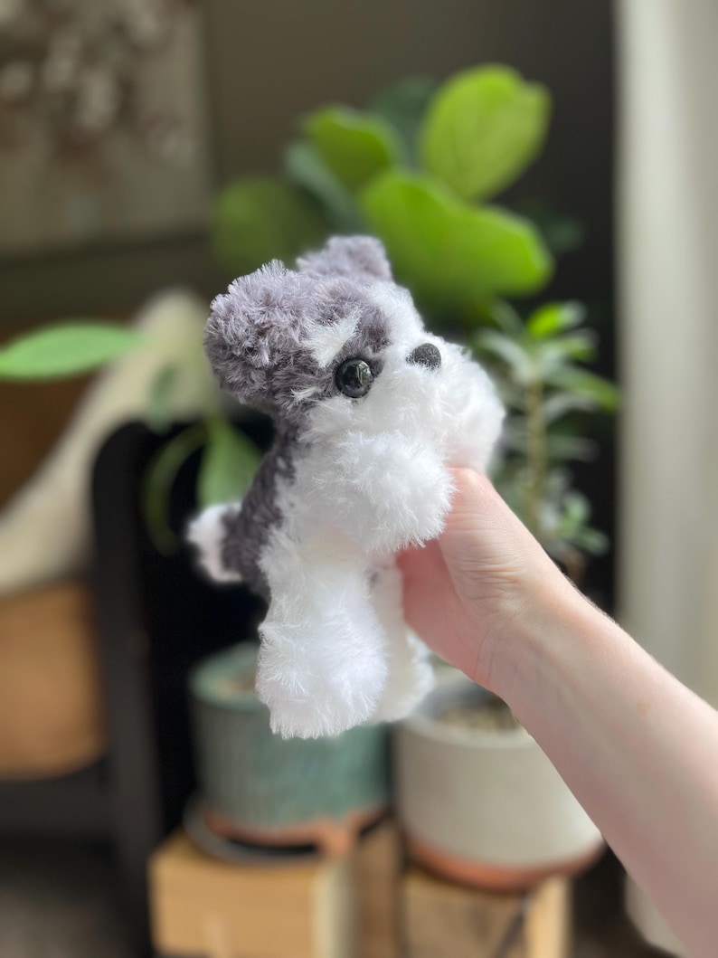 May include: A small, plush Schnauzer dog toy in shades of gray and white. The toy has a fluffy texture, black eyes, and a small black nose. The dog is held in front of a blurred background of green plants and ceramic pots.
