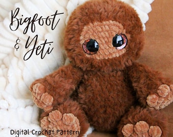 May include: A brown Bigfoot and Yeti plush toy with large, expressive eyes. The plush toy is made of soft, textured material and has a friendly, inviting appearance. The text "Bigfoot & Yeti" and "Digital Crochet Pattern" are visible.