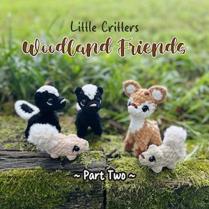 May include: Four small crocheted animal figures including two black and white skunks, a tan squirrel, and a brown and white fawn. The text Little Critters Woodland Friends ~ Part Two ~ is displayed above and below the figures with black eyes.