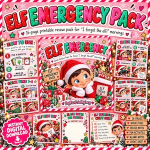 May include: A 16-page printable Elf Emergency Pack featuring festive graphics, instructions, excuse notes, activity prompts, and a cheat sheet. The design includes a cartoon elf, gift boxes, and text such as 'Elf Emergency Pack' and 'PopFizzPrintByLucy' in red, green, and white colors.