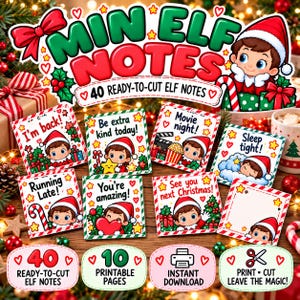 Puede incluir: Un conjunto de 40 notas de elfo listas para recortar tituladas Min Elf Notes, con un personaje de elfo de dibujos animados en varias escenas navideñas. Las tarjetas incluyen textos como I'm back, Be extra kind today, Movie night, Sleep tight, Running Late, You're amazing y See you next Christmas.
