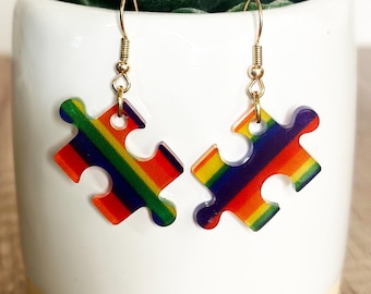Rainbow Acrylic Puzzle Piece Earrings| LGBTQ Pride Dangle Earrings | Handmade Jewelry | Custom Made Earrings | Handmade gift | Pride Month