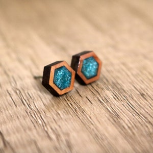 Handmade Resin and Wood Stud Earrings | Custom Hexagon Jewelry | Minimalist Wooden Earrings | Unique Resin Jewelry