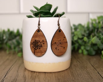 Handmade Dandelion Wooden Earrings| Wooden Dangle Earrings| Minimalist Jewelry | Handmade Wooden Laser Engraved Jewelry| Unique Gift for her