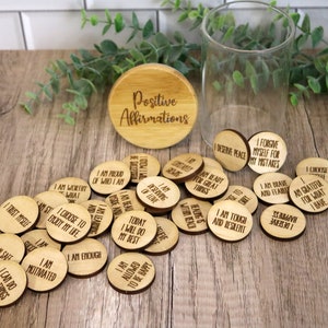 Fichas de Afirmación Positiva / 30 Fichas de Positividad / Moneda de Bolsillo de Madera Personalizable / Decoración para Oficina de Terapia / Conciencia de Salud Mental
