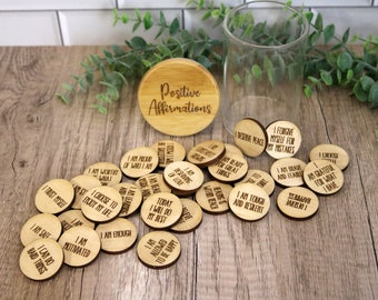 Positive Affirmation Tokens| 30 Positivity Tokens| Customizable Wooden Pocket Coin| Therapy Office Decor| Mental Health Awareness