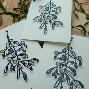 Carte de Noël, carte cadeau « Gui » avec gui 3D, impression lino, tirage d'art