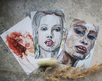 Faces, postcards, women watercolor, 3 pieces - "Faces"