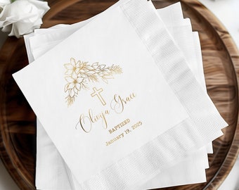 Personalized Baptism Napkin Floral Cross Foil Luncheon Beverage Napkin Custom Napkinful Baby Christening Gifte Party Supplies Dedicated Gift