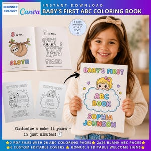 Puede incluir: Una plantilla digital de libro para colorear Baby's First ABC con portadas personalizables y páginas interiores con ilustraciones de un perezoso, un tigre y una tortuga. El diseño incluye texto colorido, un gráfico de nube y tamaños de 11x8.5 pulgadas, 5x7 pulgadas y A4.