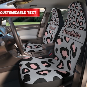 Coprisedili per auto con stampa leopardata rosa personalizzati, set di coprisedili anteriori con stampa animalier personalizzata, regalo per amanti delle auto, regalo per coppie, decorazioni per auto