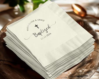 Personalized Baptism Napkin: Elegant Cross, Custom Names, Date Printable, Set of 50
