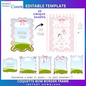 May include: An editable digital template featuring 20 unique frame shapes with coquette bow borders. The design includes a baby shower invitation example with a stork graphic, pink striped background, and 11x8.5 inch sheet layout options.