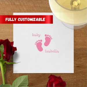 Personalized Footprint Napkins: Baby Shower, Pink, Custom Name