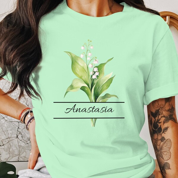 Women's Floral T-Shirt, Lily of the Valley Graphic Tee, Personalized Name Anastasia, Casual Summer Fashion, Botanical Print Top