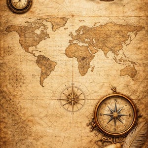 Op de afbeelding: Vintage kaart in sepia met een kompas, zakhorloge en luchtshipsillustratie. De kaart toont een wereldkaart, een windroos, een opgerolde rol en een veerkwast. Het kleurenpalet is bruin.