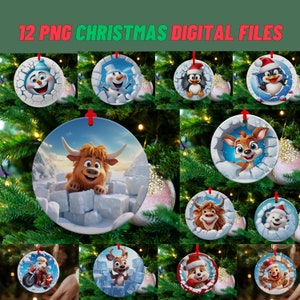 May include: Twelve digital Christmas ornament designs featuring various cartoon characters, including a snowman, penguin, reindeer, and a yak. The ornaments are round and have a white background with a blue, green, or red border.
