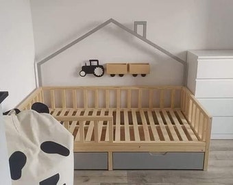 Kinderbett mit zwei Schubladen !!!  , Bodenbett, lit bébé , letto , cama para niños , Montessori, Kindermöbel, Holzbett, Kieferbett.