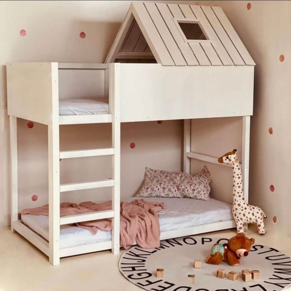 Etagenbett für Kinder, Montessori Hausbett, solides handgemachtes Bett für Kleinkinder, Kinderbett, Holzhausbett,