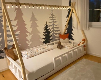 Kinderbed met lattenbodem en valbeveiliging, vloerbed, Lit au sol, Montessori. Beste houtkwaliteit op Etsy, geen vingerlaswerk in hout.