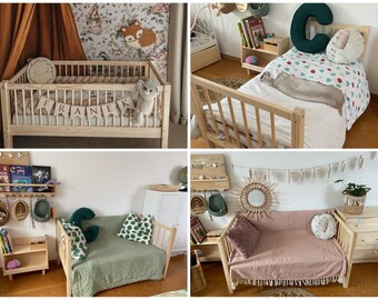 3 IN 1  Kinderbett/Babybett und Sofa Kinderbett mit Lattenrost Bett mit Rausfallschutz,Kinderbett,  Lit au sol,Montessori Bett,Kindermöbel,