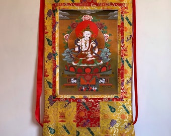 Vajrasattva hecho a mano de primera calidad, arte tibetano Thangka, pintura con brocado de seda, tapiz budista tibetano