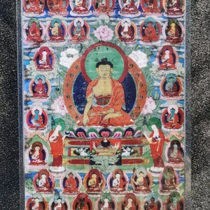 Handgemachte tragbare Karte Sakyamuni Buddha und Achtzehn Arhats Thangka, kleine tibetisch-buddhistische Kunst, Tantrismus-Symbol, Himalaya-Kunst