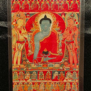 Handgemachte tragbare Tangut westliche Xia Tantra-Medizin-Buddha Thangka Karte, kleine tibetisch-buddhistische Kunst, Tantrismus-Symbol, Himalaya-Kunst